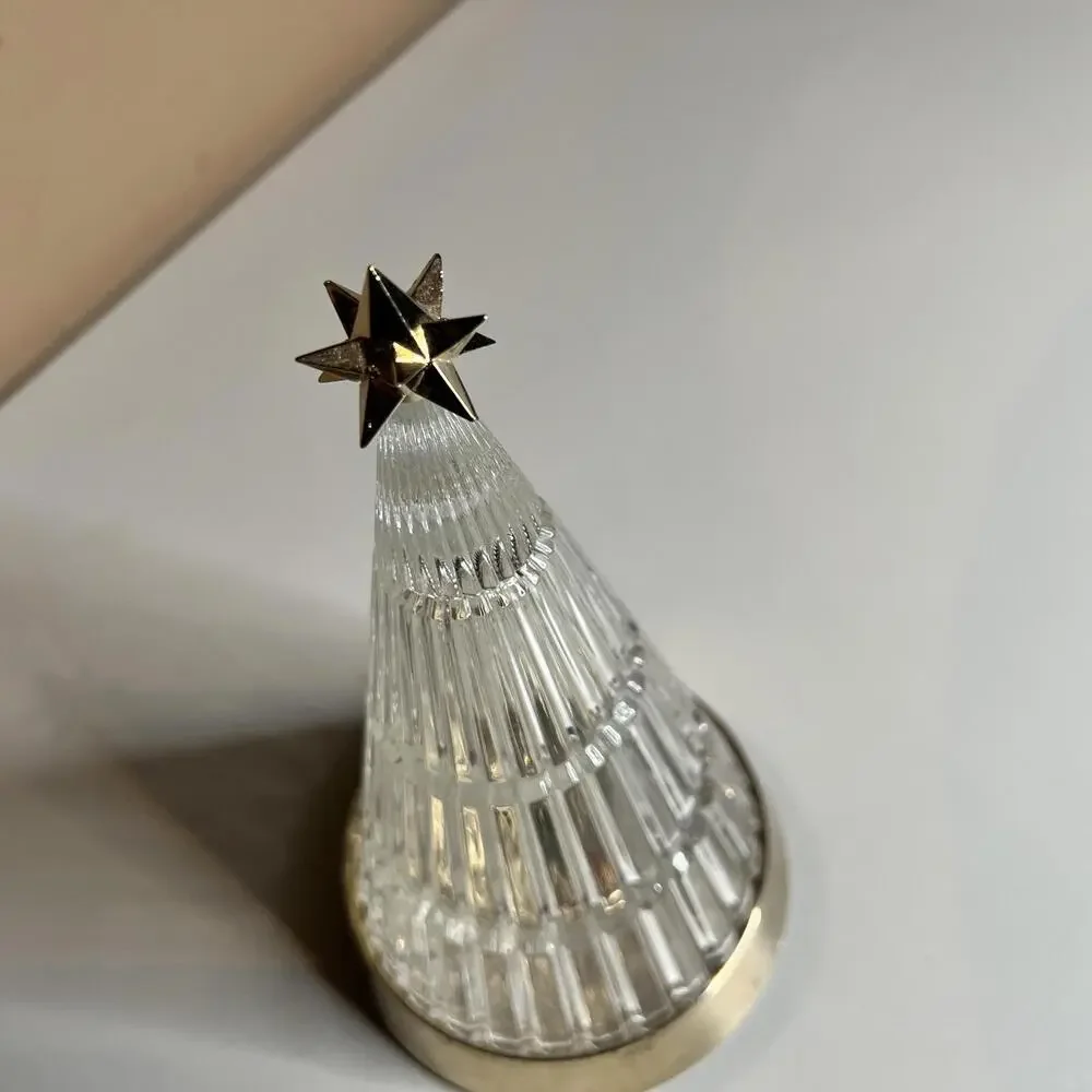 Pre-Lit Glass‎ Christmas Tree Topiary Clear Gold Base Tabletop Battery Lights
